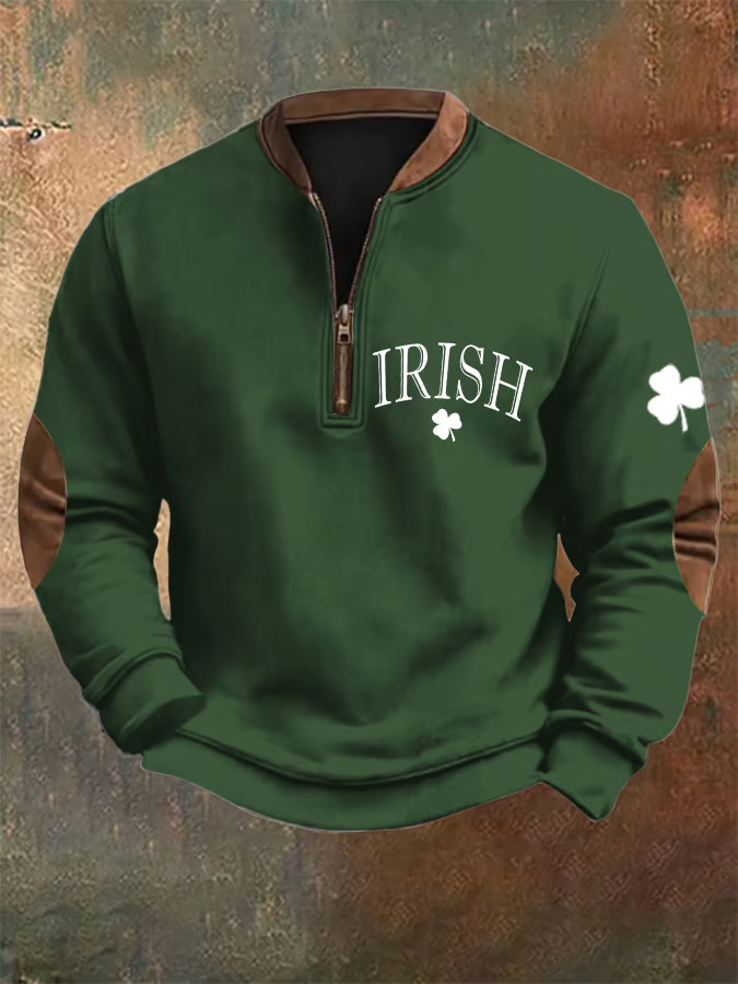 Mens St. Patrick's Day Irish Print Zipper Collar Sweatshirt