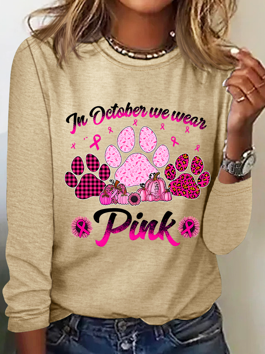 Breast Cancer Awareness Dog Paw Print Casual Long Sleeve Shirt