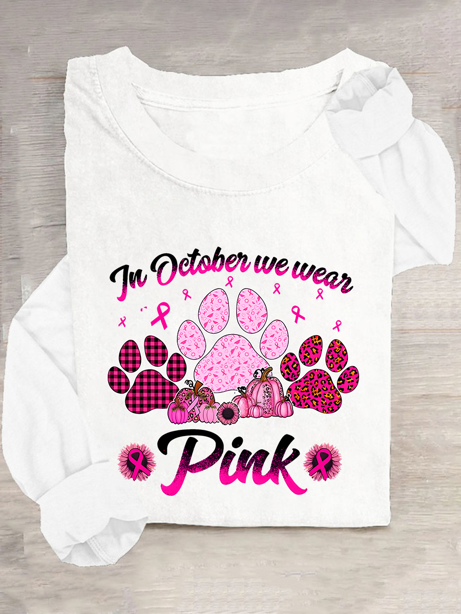 Breast Cancer Awareness Dog Paw Print Casual Long Sleeve Shirt