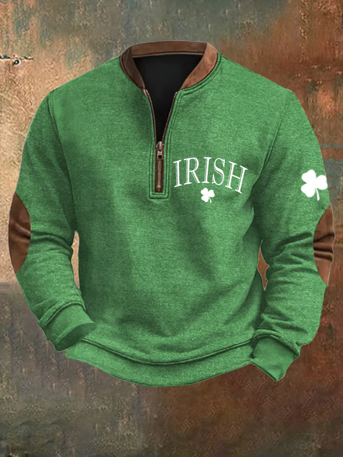 Mens St. Patrick's Day Irish Print Zipper Collar Sweatshirt