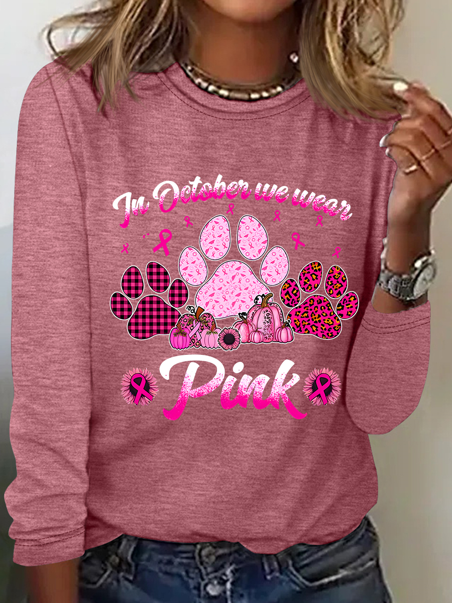 Breast Cancer Awareness Dog Paw Print Casual Long Sleeve Shirt