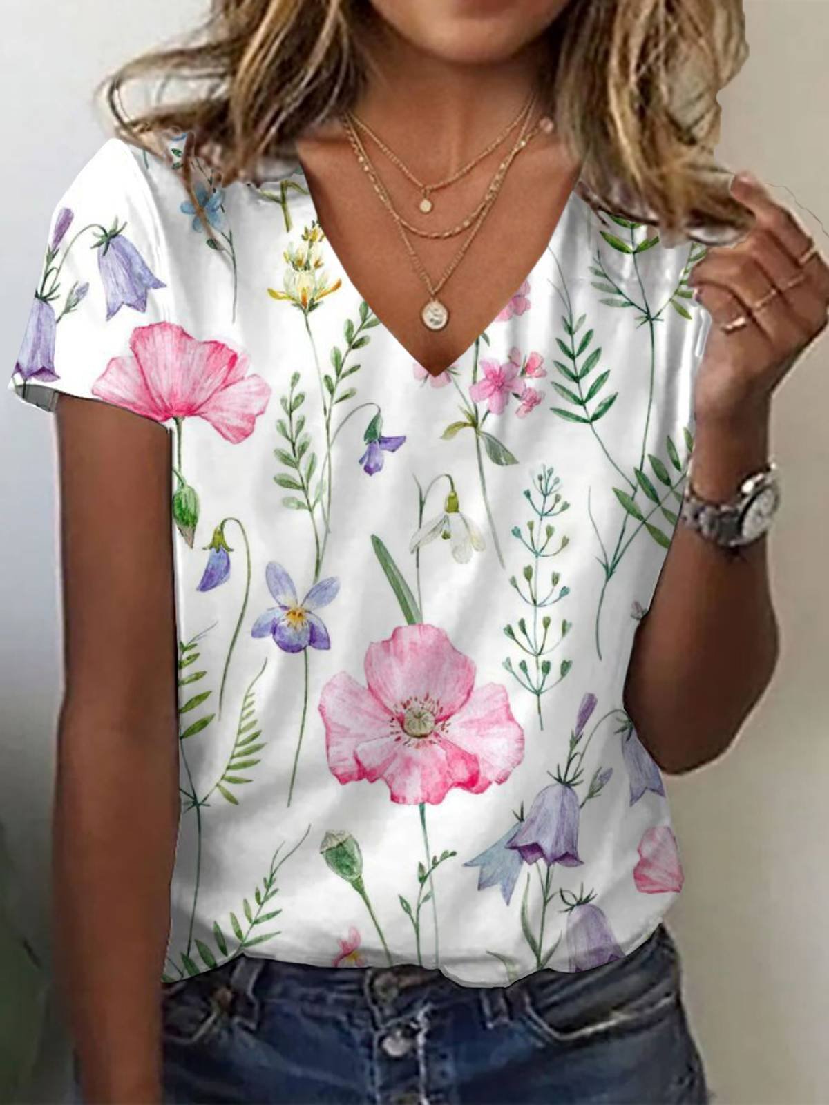 Floral Print Short Sleeve V-Neck T-shirt