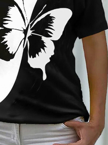 Butterfly Print Short Sleeve V-Neck T-Shirts