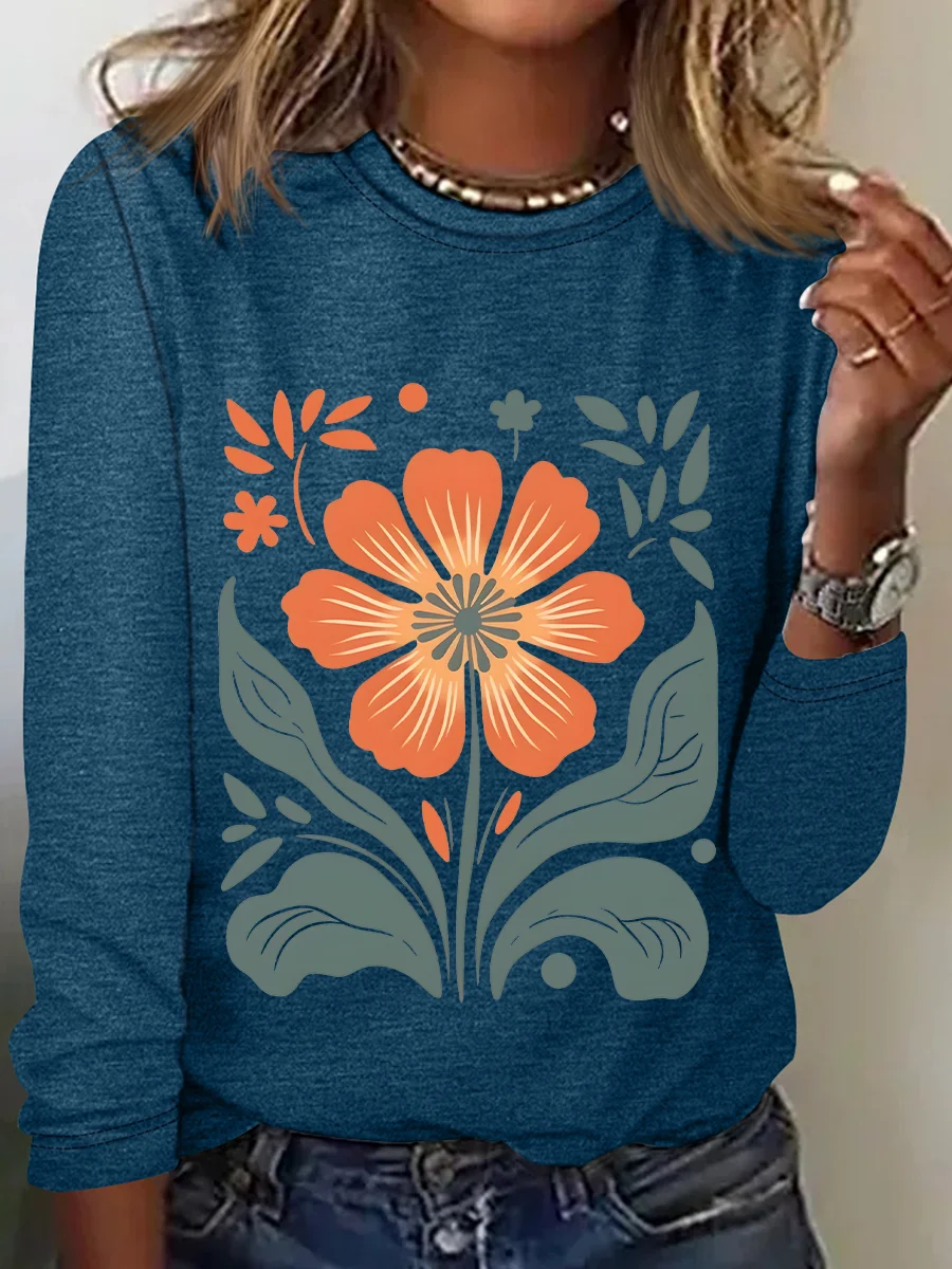 Retro Floral Casual Long Sleeve Shirt