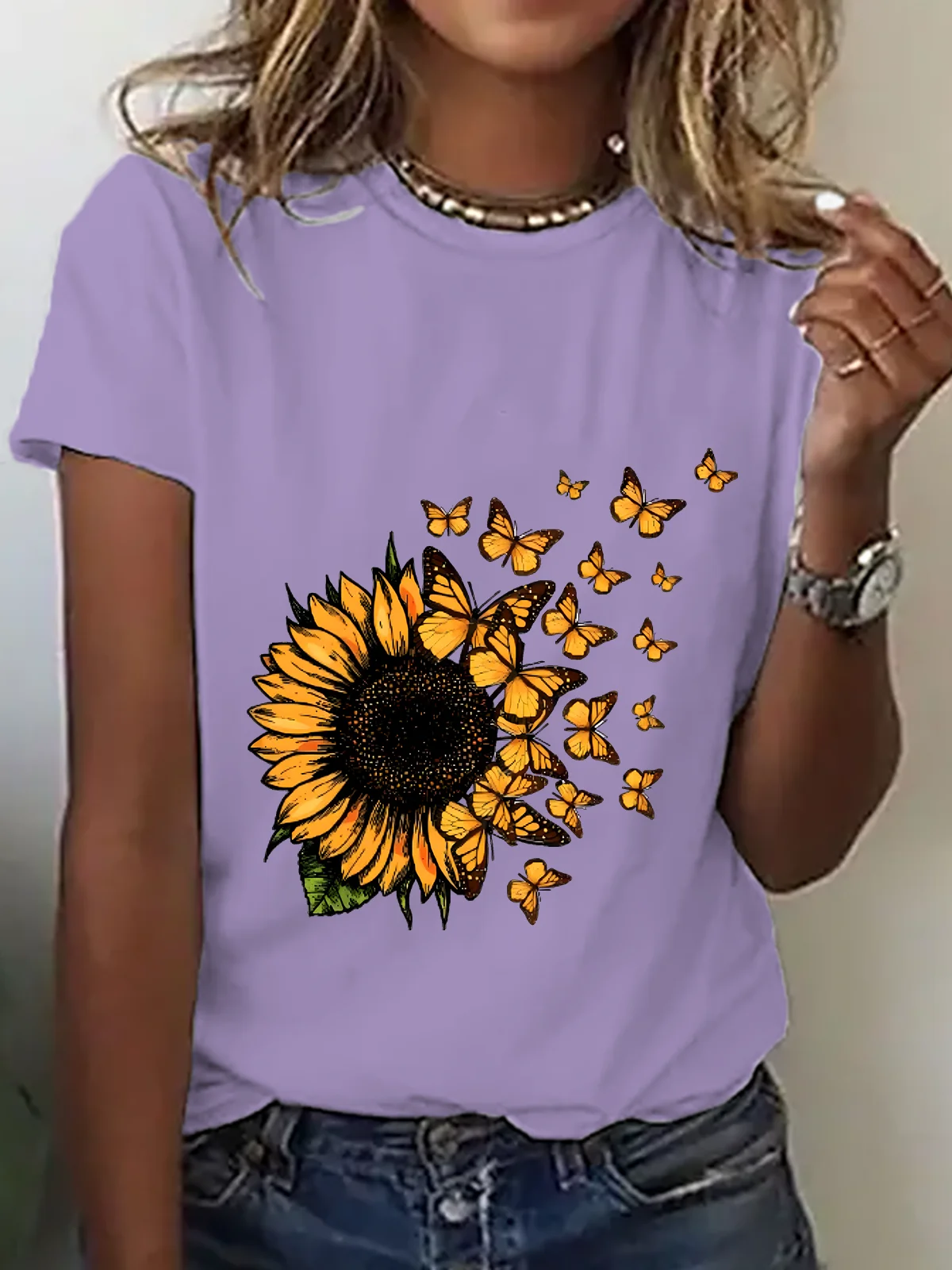 Cute Sunflower Butterfly Graphic Cotton T-Shirt