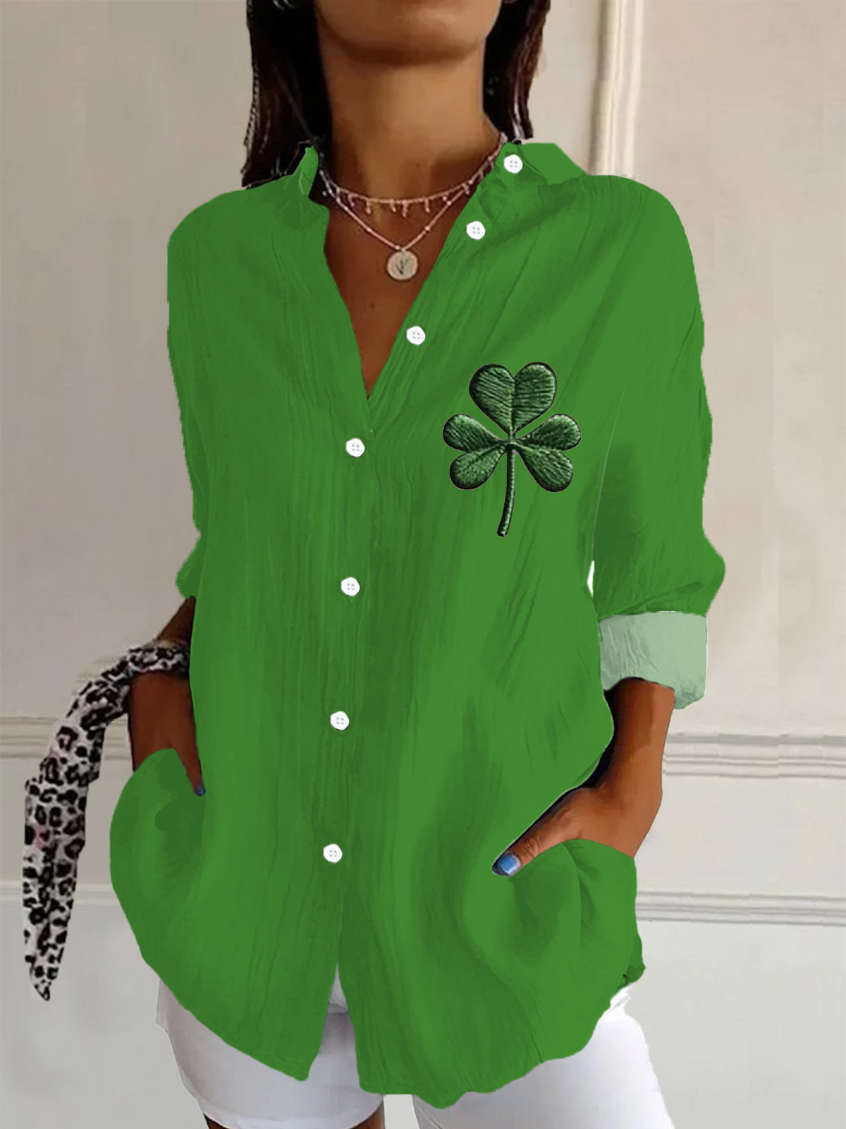 Women's Long Sleeve St. Patrick's Day Green Leaf Shirt Collar Daily Outing Casual Shirt