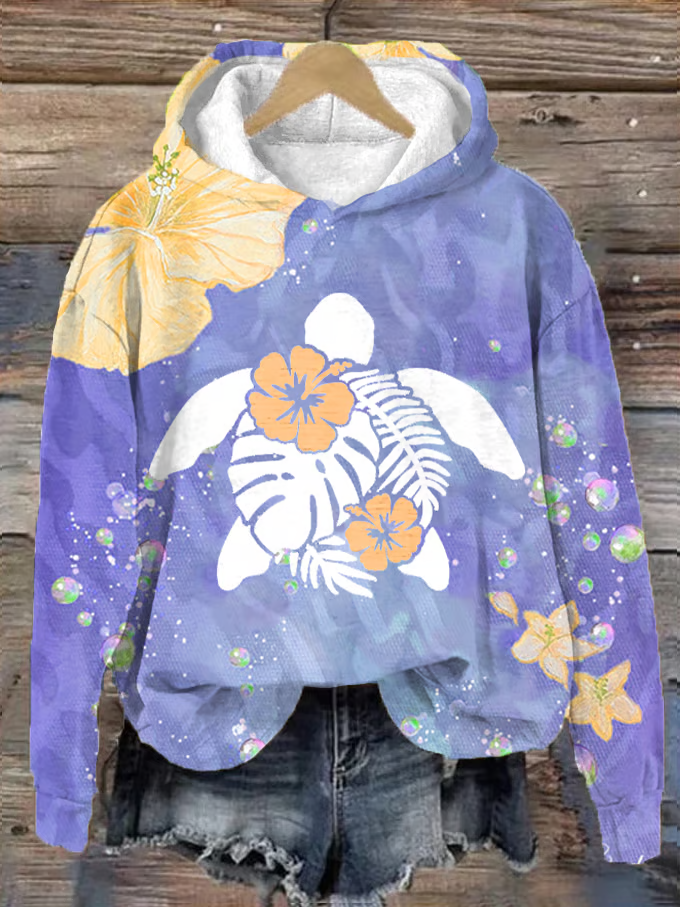 Women's Maui Turtle Hibiscus Print Hoodie