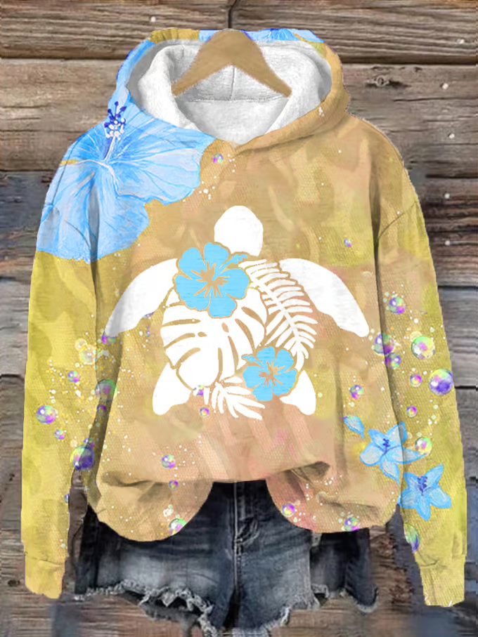 Women's Maui Turtle Hibiscus Print Hoodie