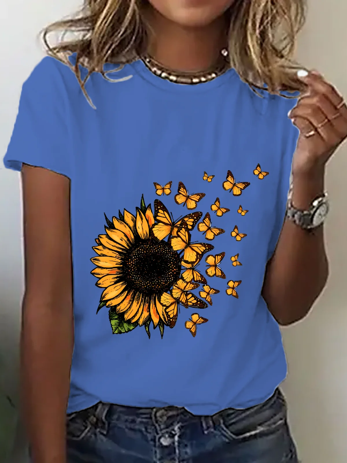 Cute Sunflower Butterfly Graphic Cotton T-Shirt