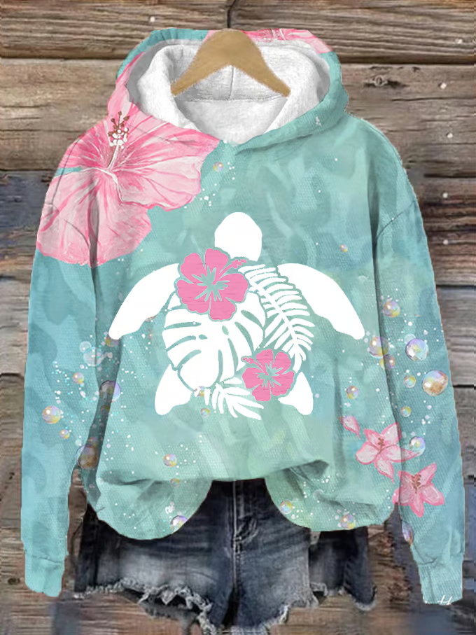 Women's Maui Turtle Hibiscus Print Hoodie