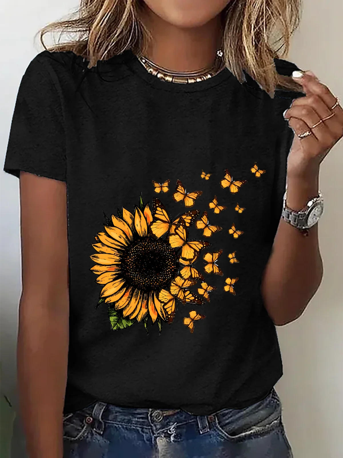 Cute Sunflower Butterfly Graphic Cotton T-Shirt