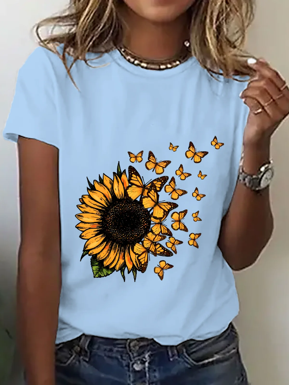 Cute Sunflower Butterfly Graphic Cotton T-Shirt