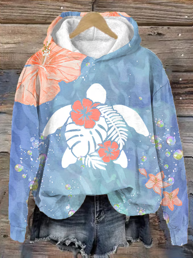 Women's Maui Turtle Hibiscus Print Hoodie