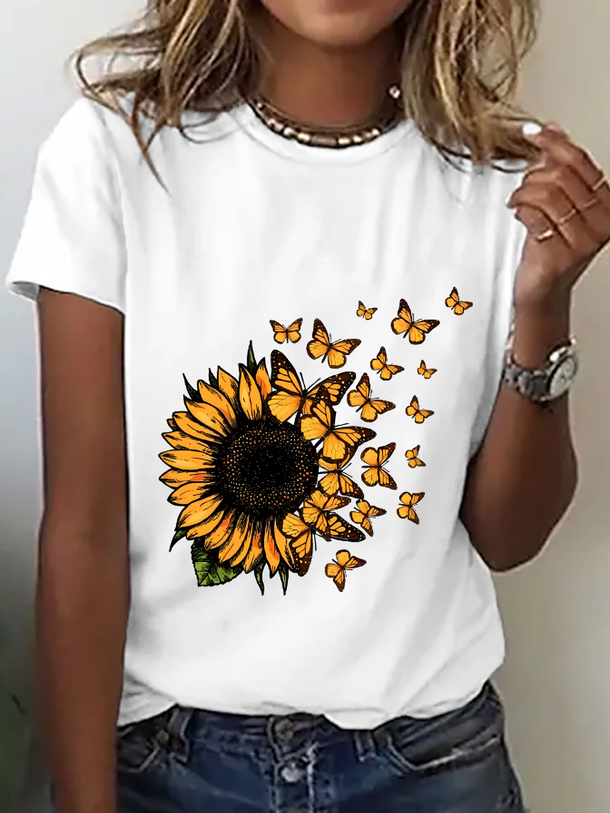 Cute Sunflower Butterfly Graphic Cotton T-Shirt