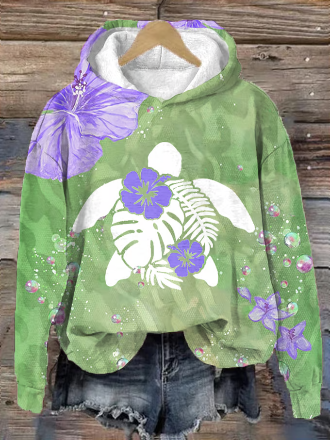 Women's Maui Turtle Hibiscus Print Hoodie