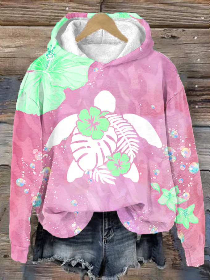 Women's Maui Turtle Hibiscus Print Hoodie