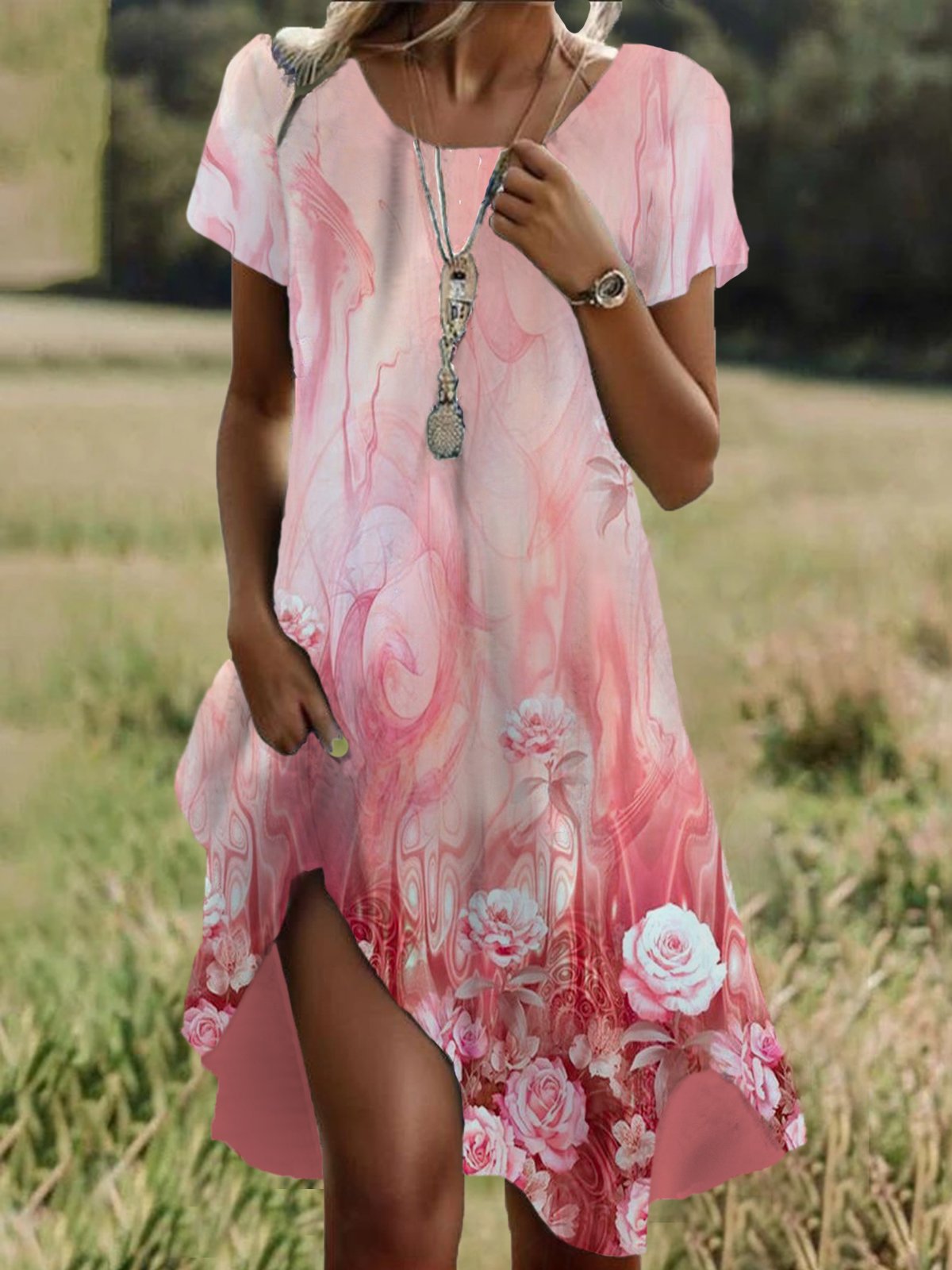 Floral Print Short Sleeve Crew Neck Dress