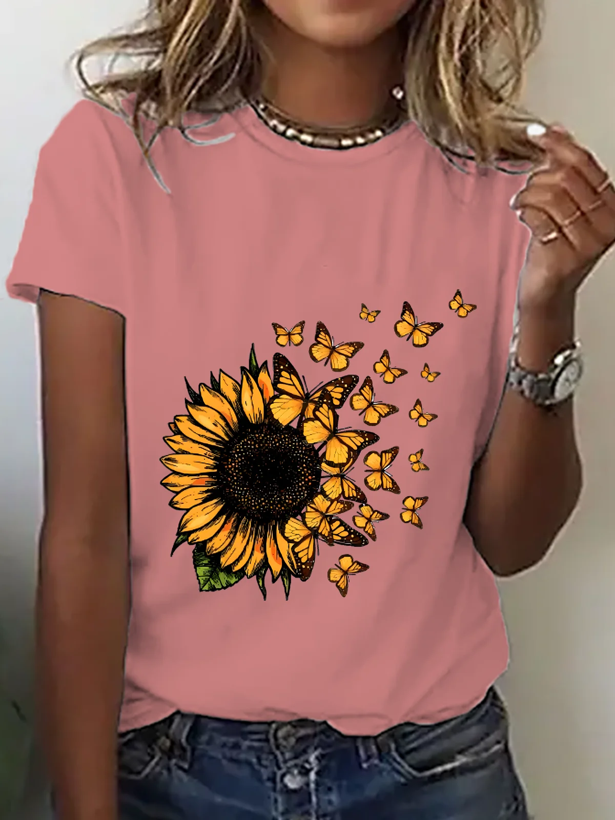 Cute Sunflower Butterfly Graphic Cotton T-Shirt