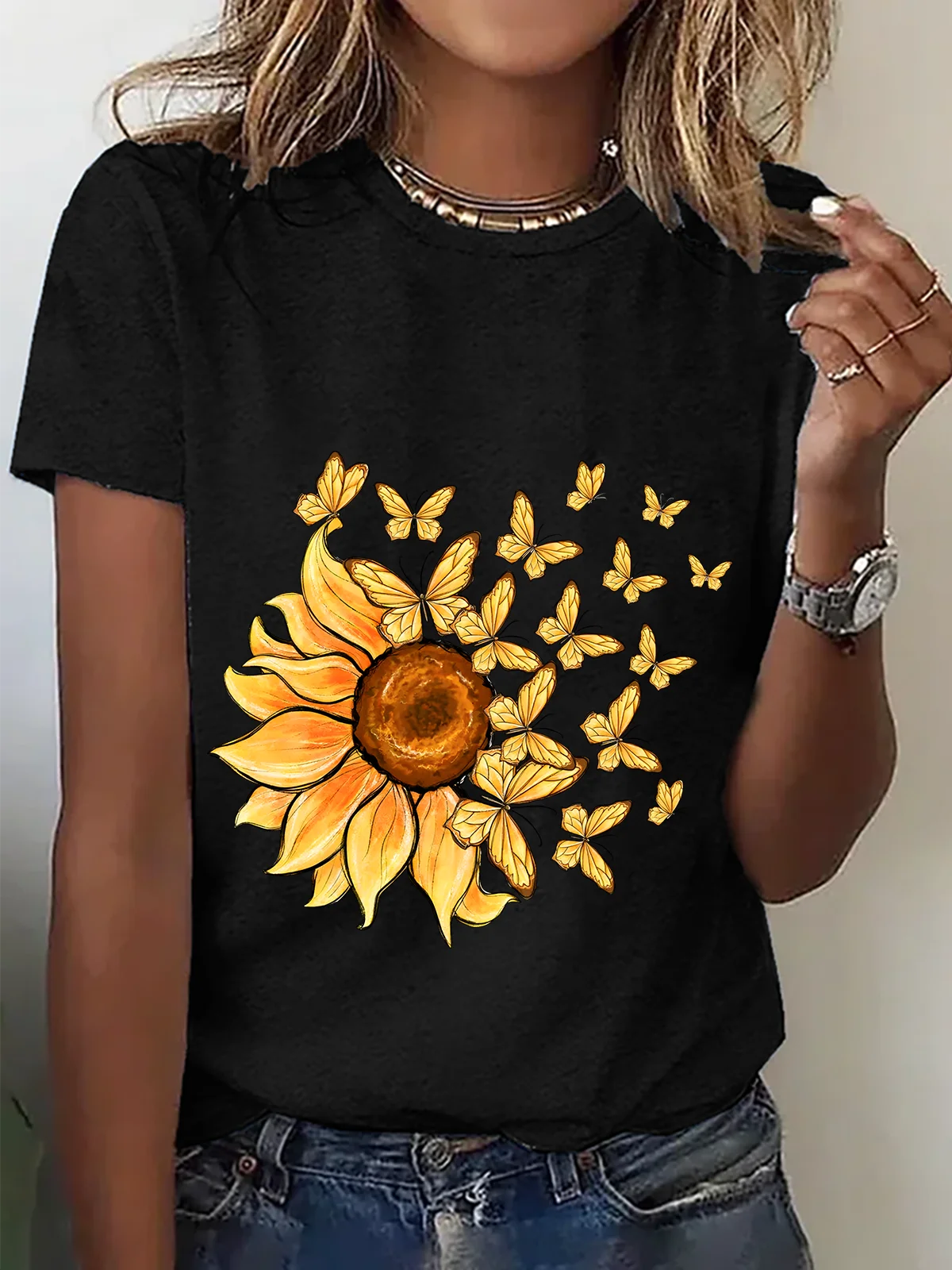 Sunflower Butterfly Cotton T-Shirt