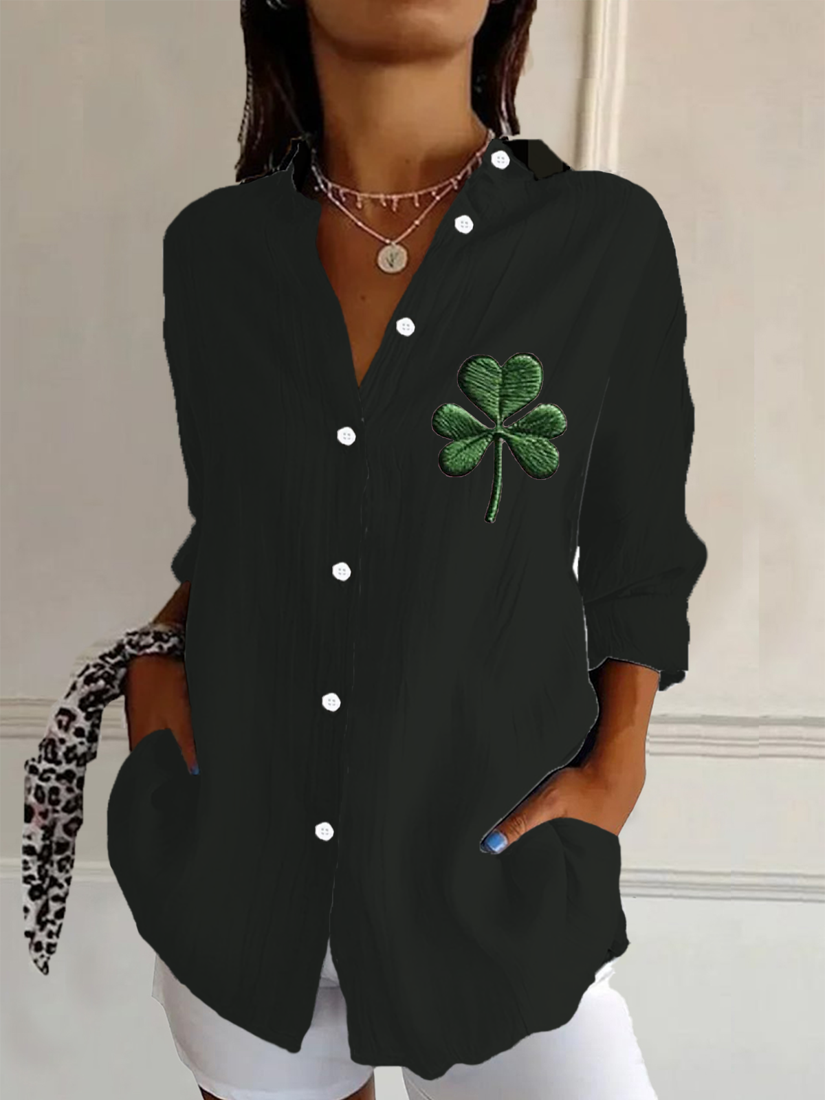 Women's Long Sleeve St. Patrick's Day Green Leaf Shirt Collar Daily Outing Casual Shirt