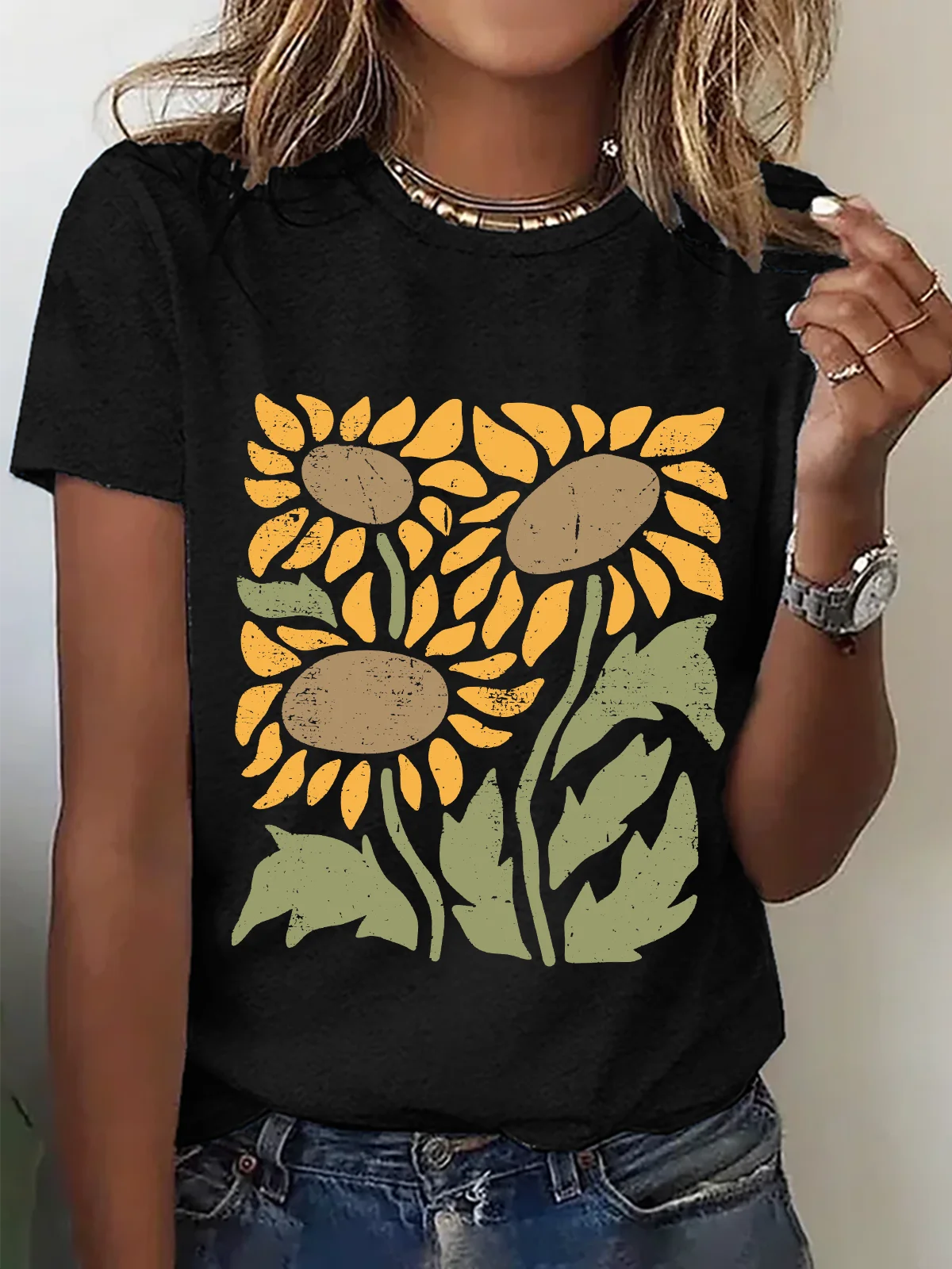 Retro Sunflower Cotton T-Shirt