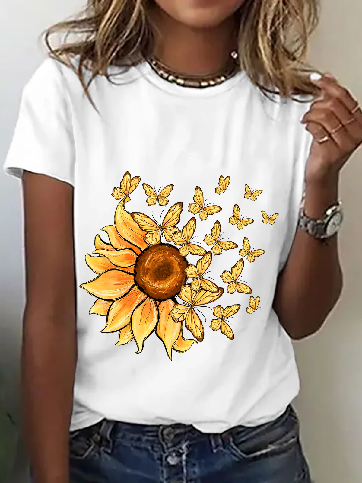 Sunflower Butterfly Cotton T-Shirt