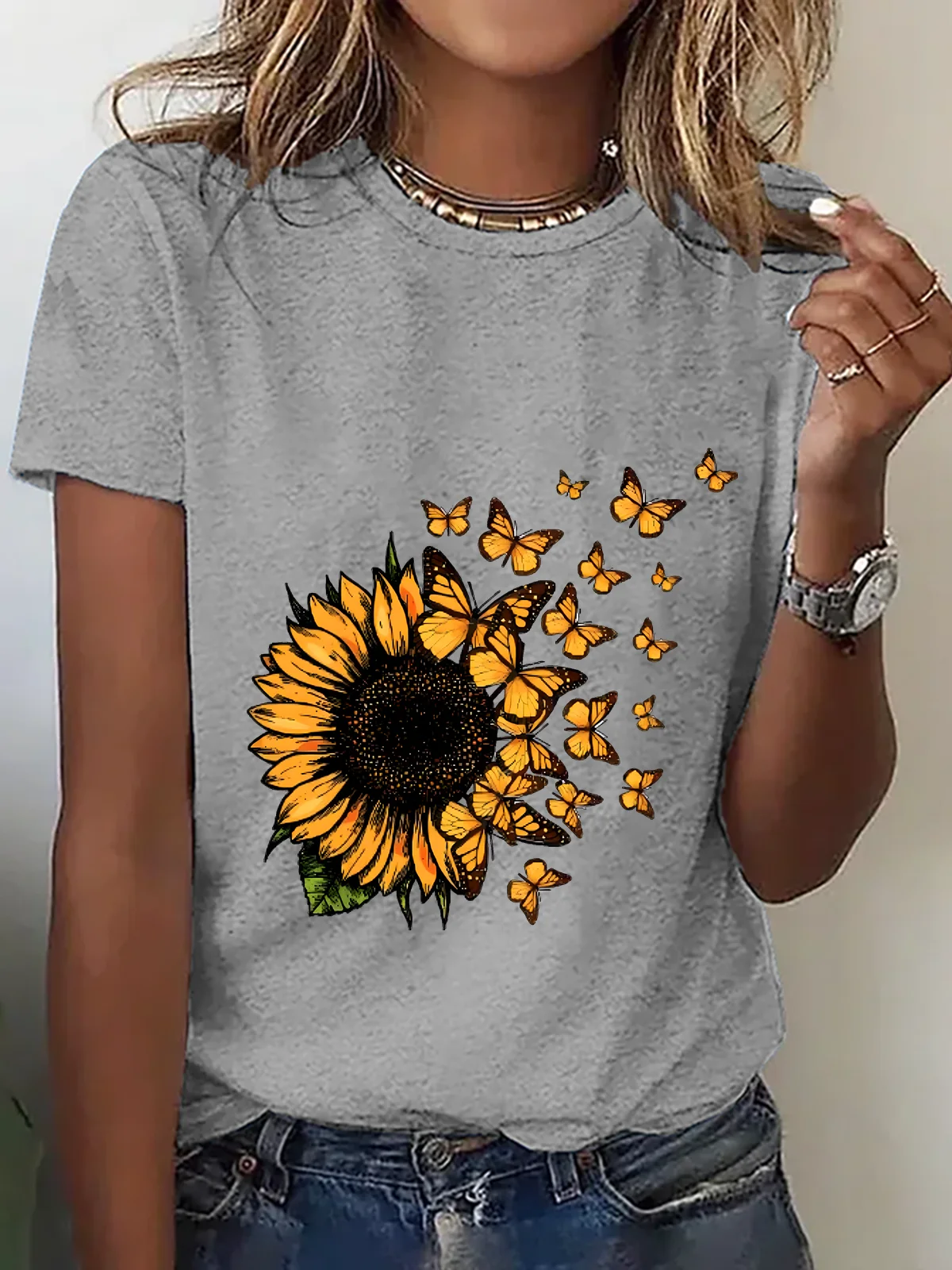 Cute Sunflower Butterfly Graphic Cotton T-Shirt