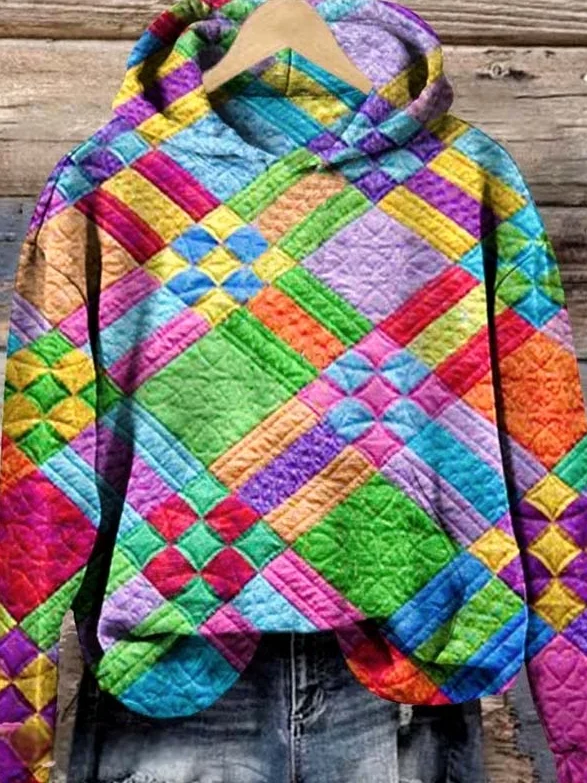 Colorful Checkered Print Casual Hoodie Sweatshirt