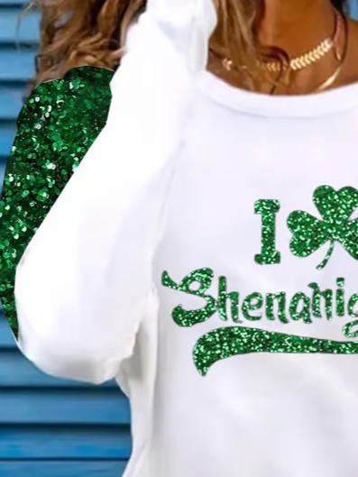 I Clover Shenanigans Women's Sequined St. Patrick's Day Printed Long Sleeve T-Shirt