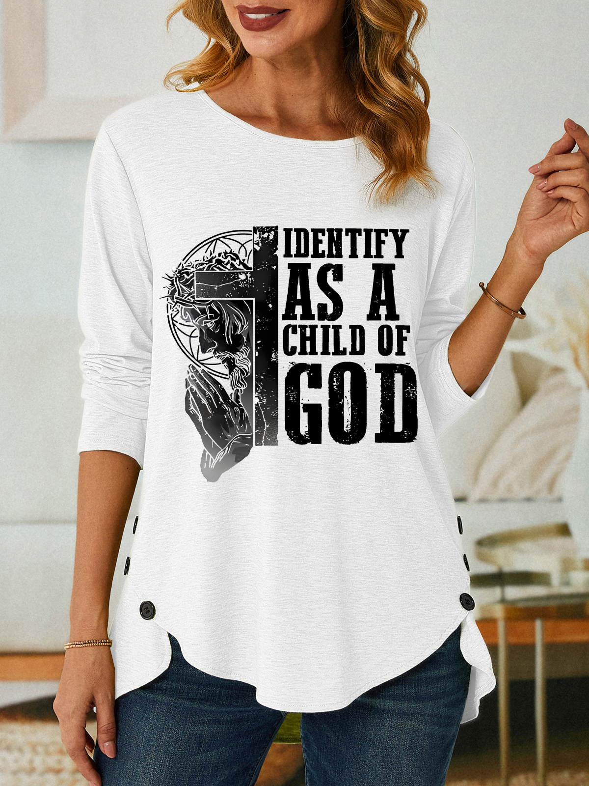 Identify As A Child Of God Jesus God Christian Three-Button Crew Neck T-Shirt