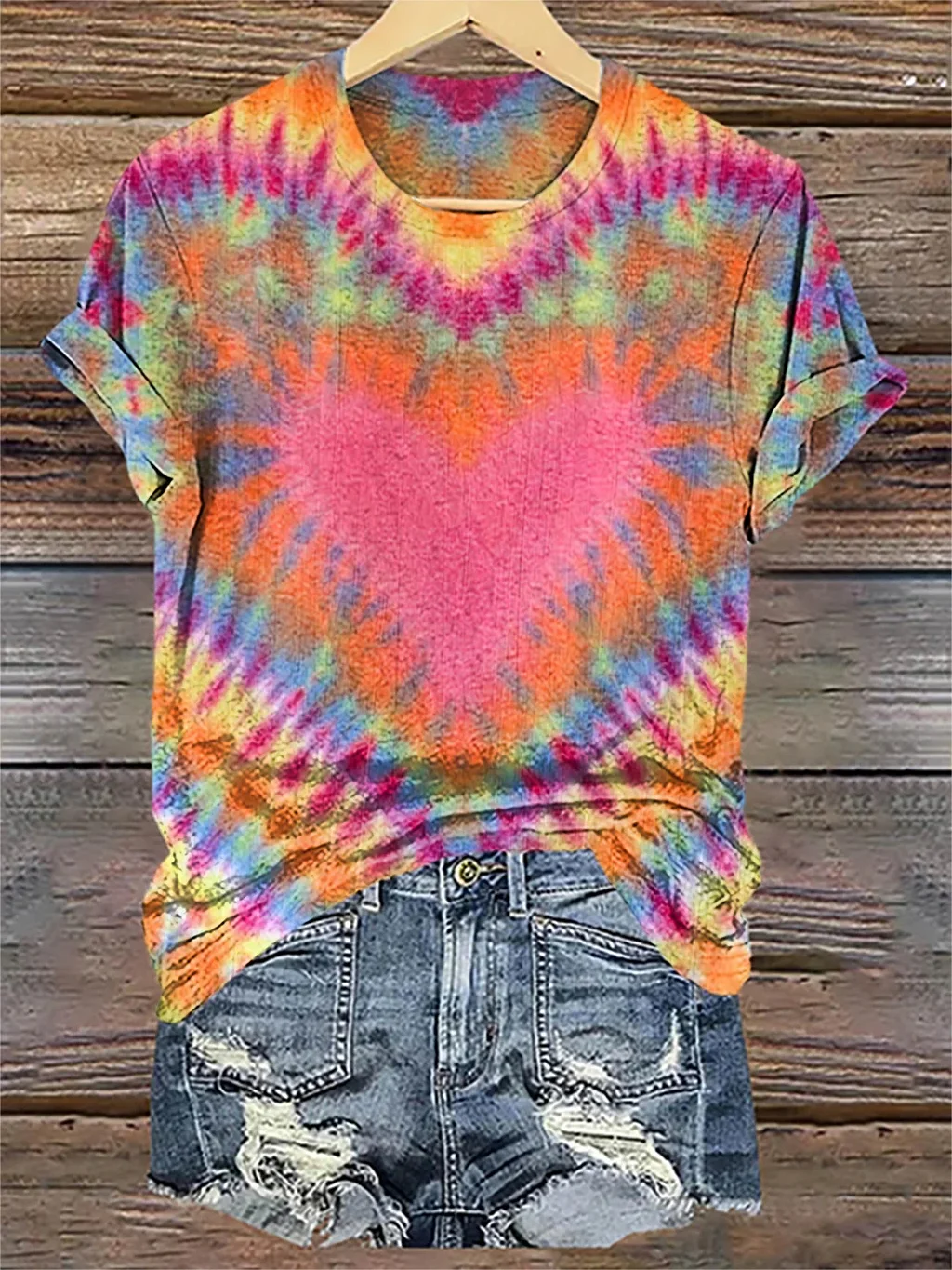 Retro Colorful Love Hearts Tie Dye Casual T-shirt