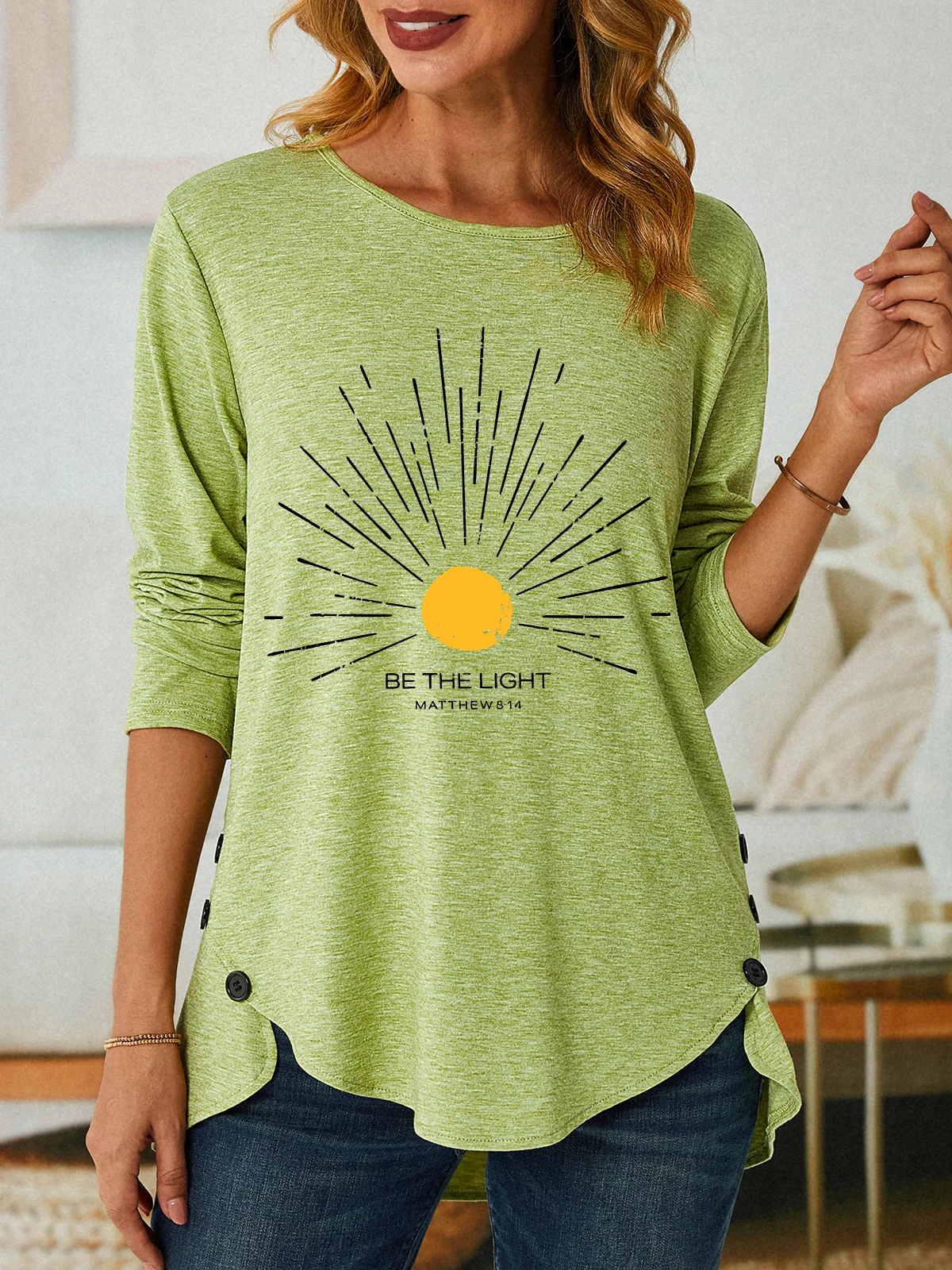 Be The Light Mathew 5 14 Sunburst Jesus God Christian Three-Button Crew Neck T-Shirt