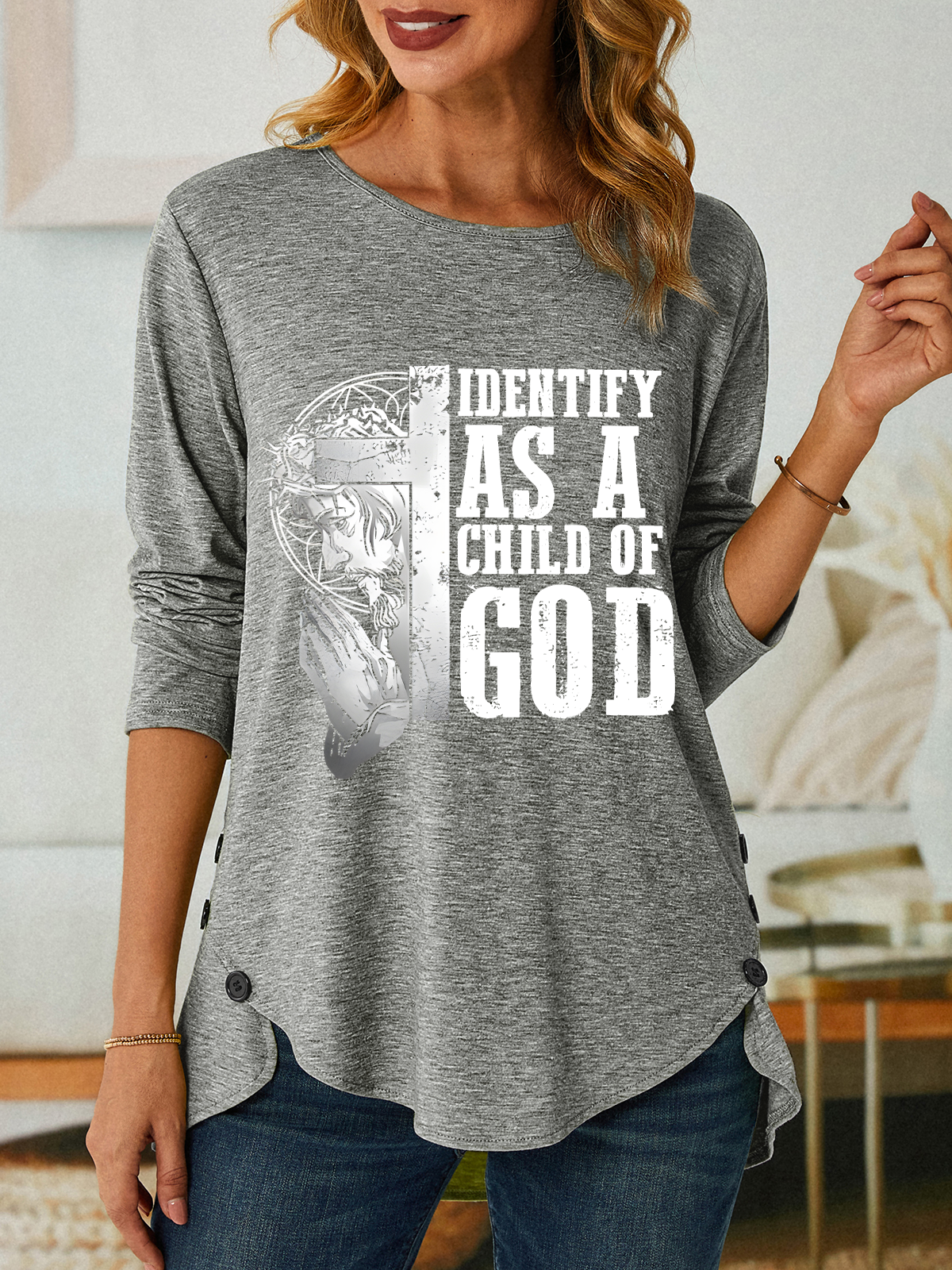 Identify As A Child Of God Jesus God Christian Three-Button Crew Neck T-Shirt