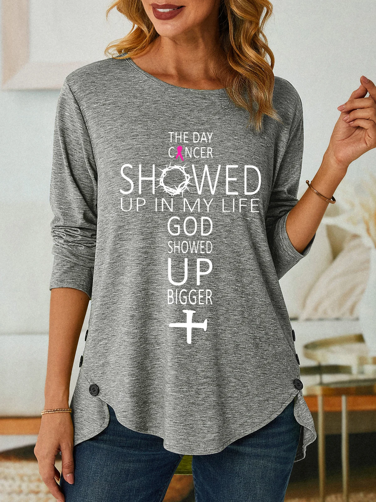 The Day Cancer Showed Up In My Life - Breast Cancer Awareness Three-Button Crew Neck T-Shirt