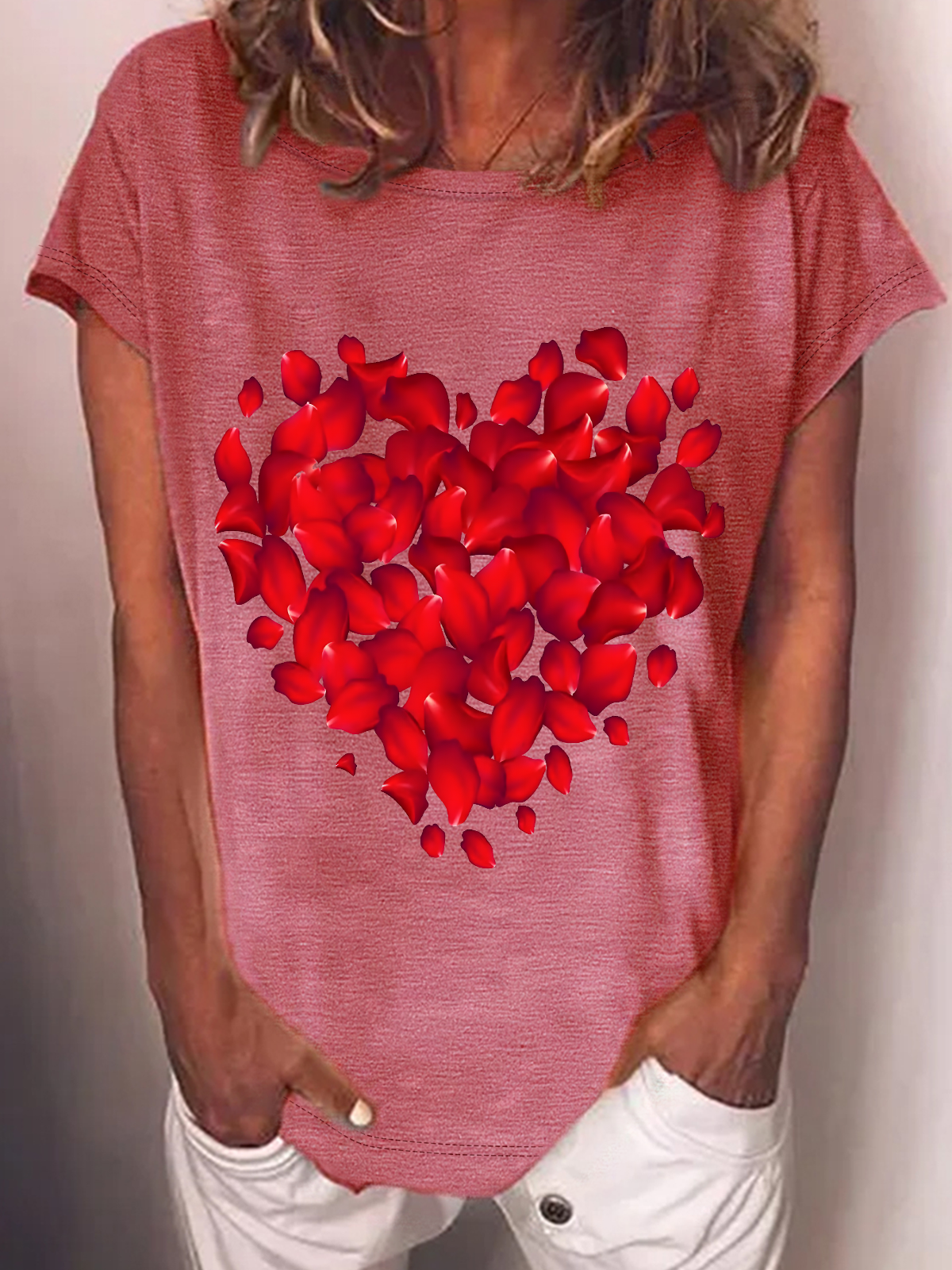 Red Rose Heart Valentine's Day Cotton-Blend T-Shirt