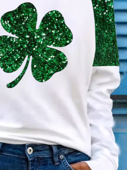 Women's Sequined St. Patrick's Day Printed Long Sleeve T-Shirt