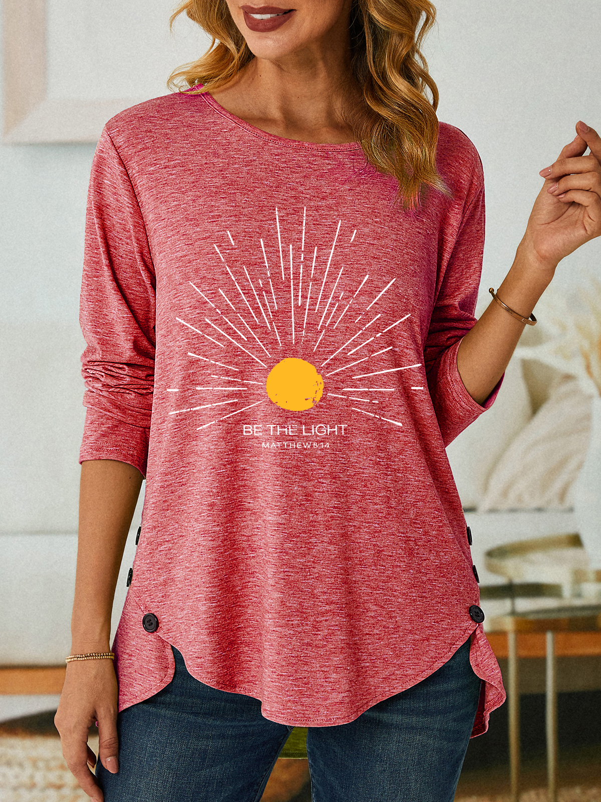 Be The Light Mathew 5 14 Sunburst Jesus God Christian Three-Button Crew Neck T-Shirt