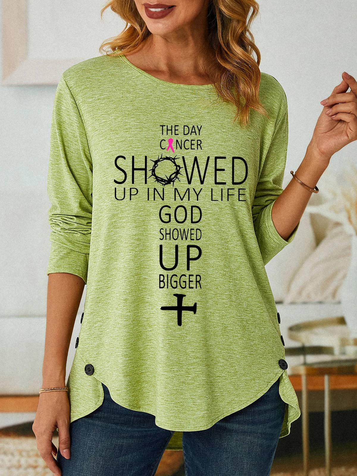 The Day Cancer Showed Up In My Life - Breast Cancer Awareness Three-Button Crew Neck T-Shirt