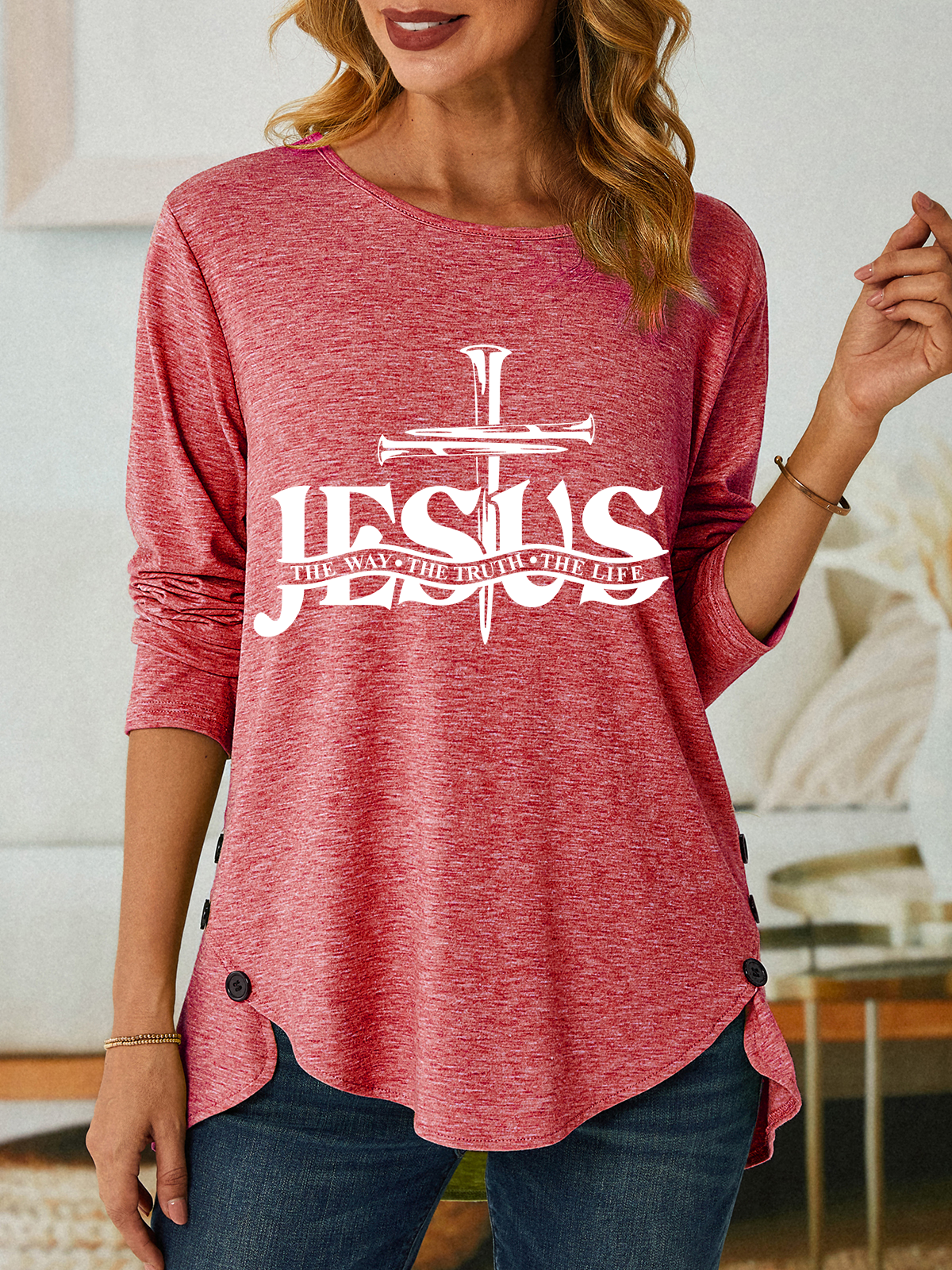 Jesus, The Way, The Truth, The Life Three-Button Crew Neck T-Shirt