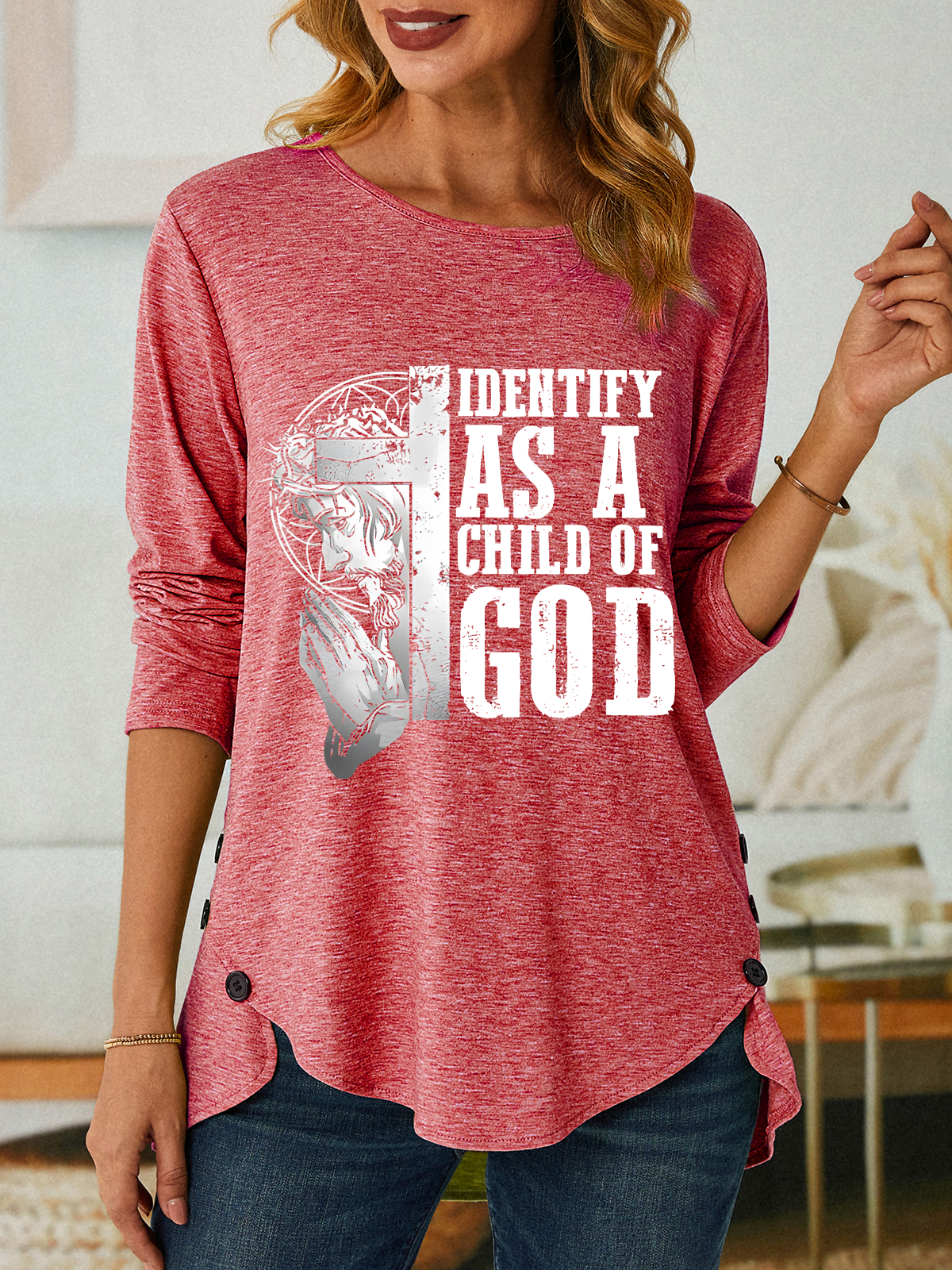 Identify As A Child Of God Jesus God Christian Three-Button Crew Neck T-Shirt