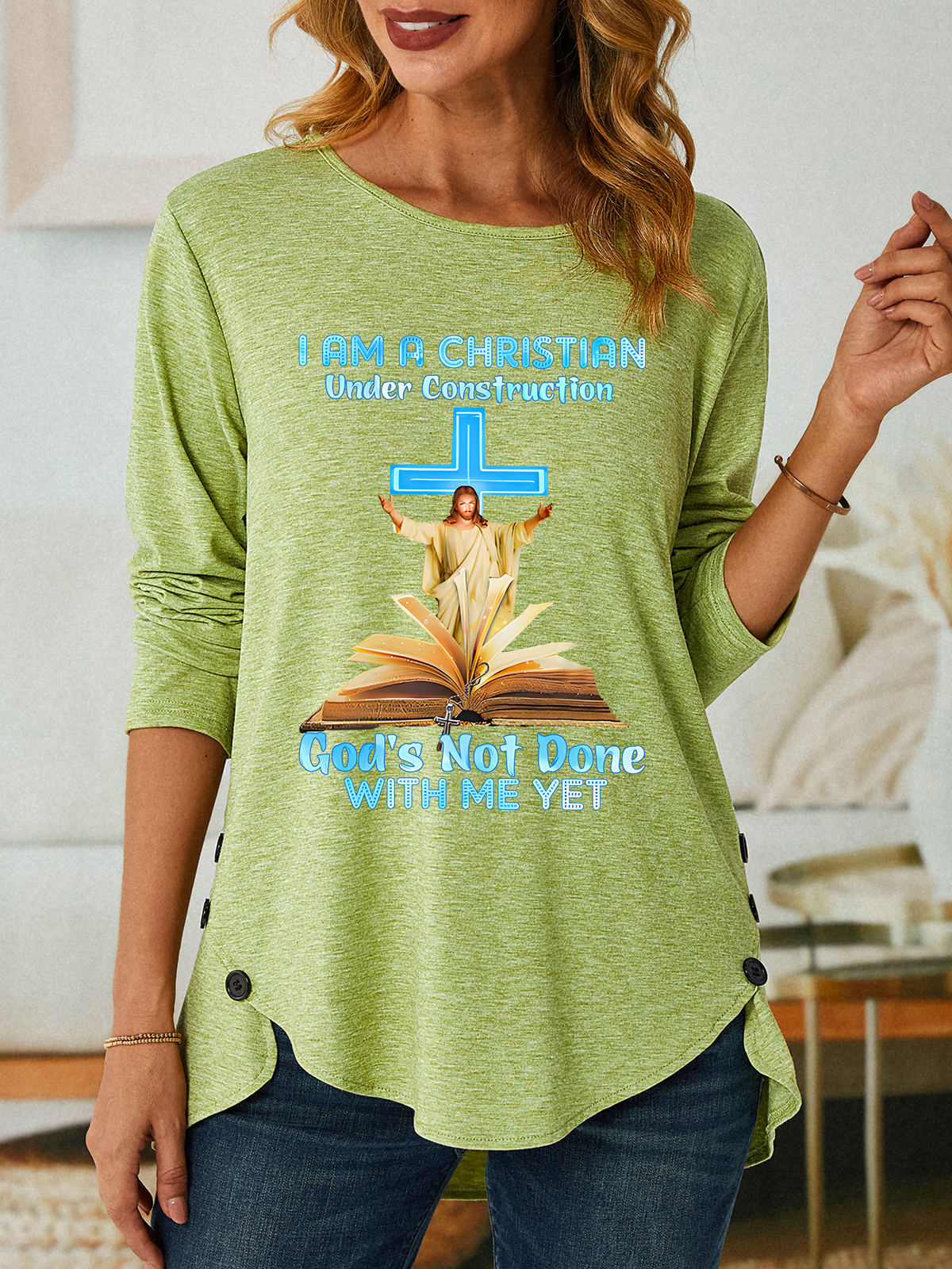 Jesus A Christian Under Construction Classic Three-Button Crew Neck T-Shirt