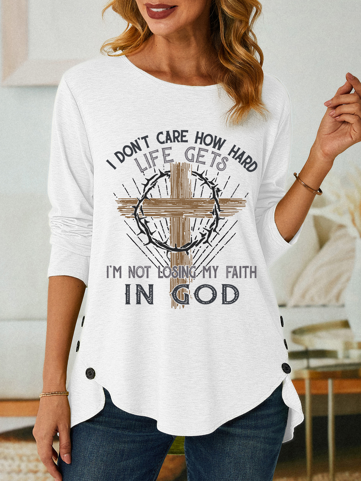 Im Not Losing My Faith In God Jesus God Christian Three-Button Crew Neck T-Shirt