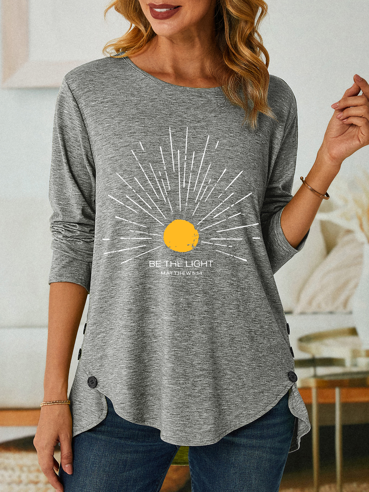 Be The Light Mathew 5 14 Sunburst Jesus God Christian Three-Button Crew Neck T-Shirt