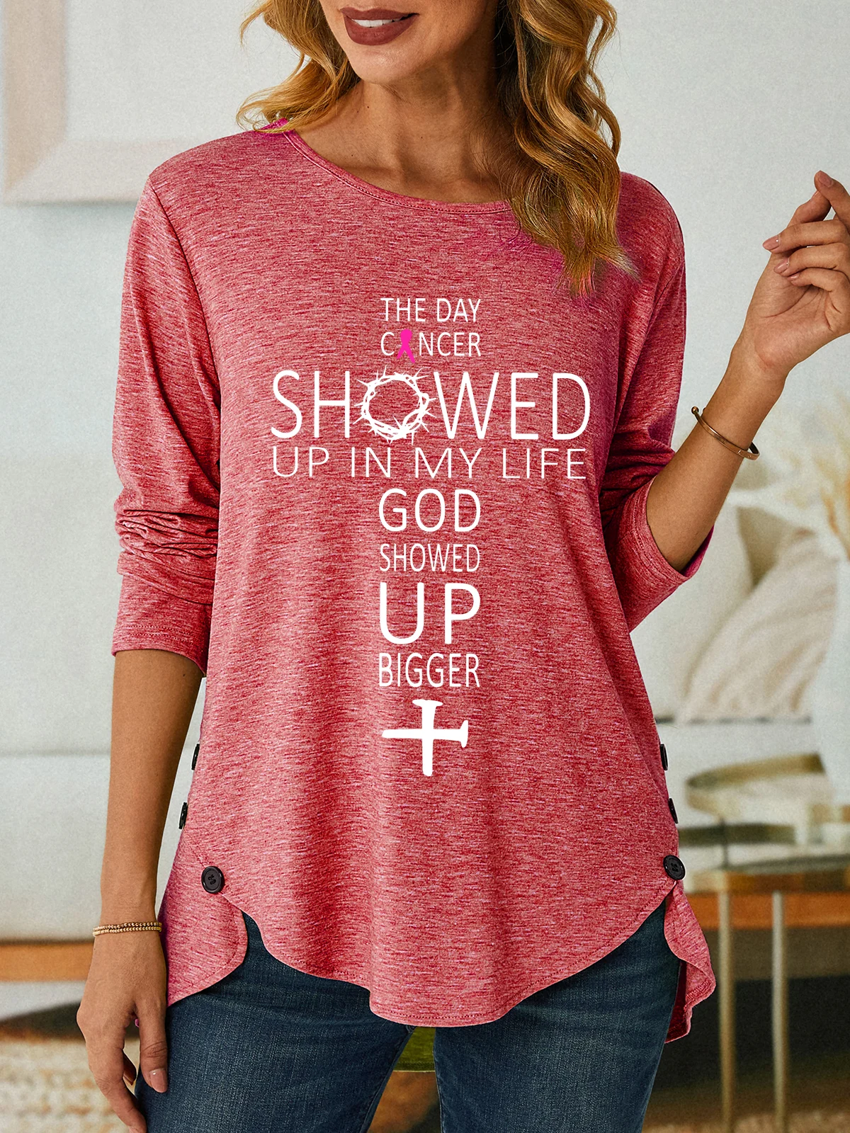 The Day Cancer Showed Up In My Life - Breast Cancer Awareness Three-Button Crew Neck T-Shirt