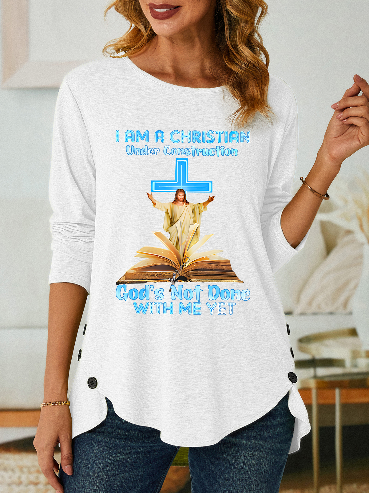 Jesus A Christian Under Construction Classic Three-Button Crew Neck T-Shirt