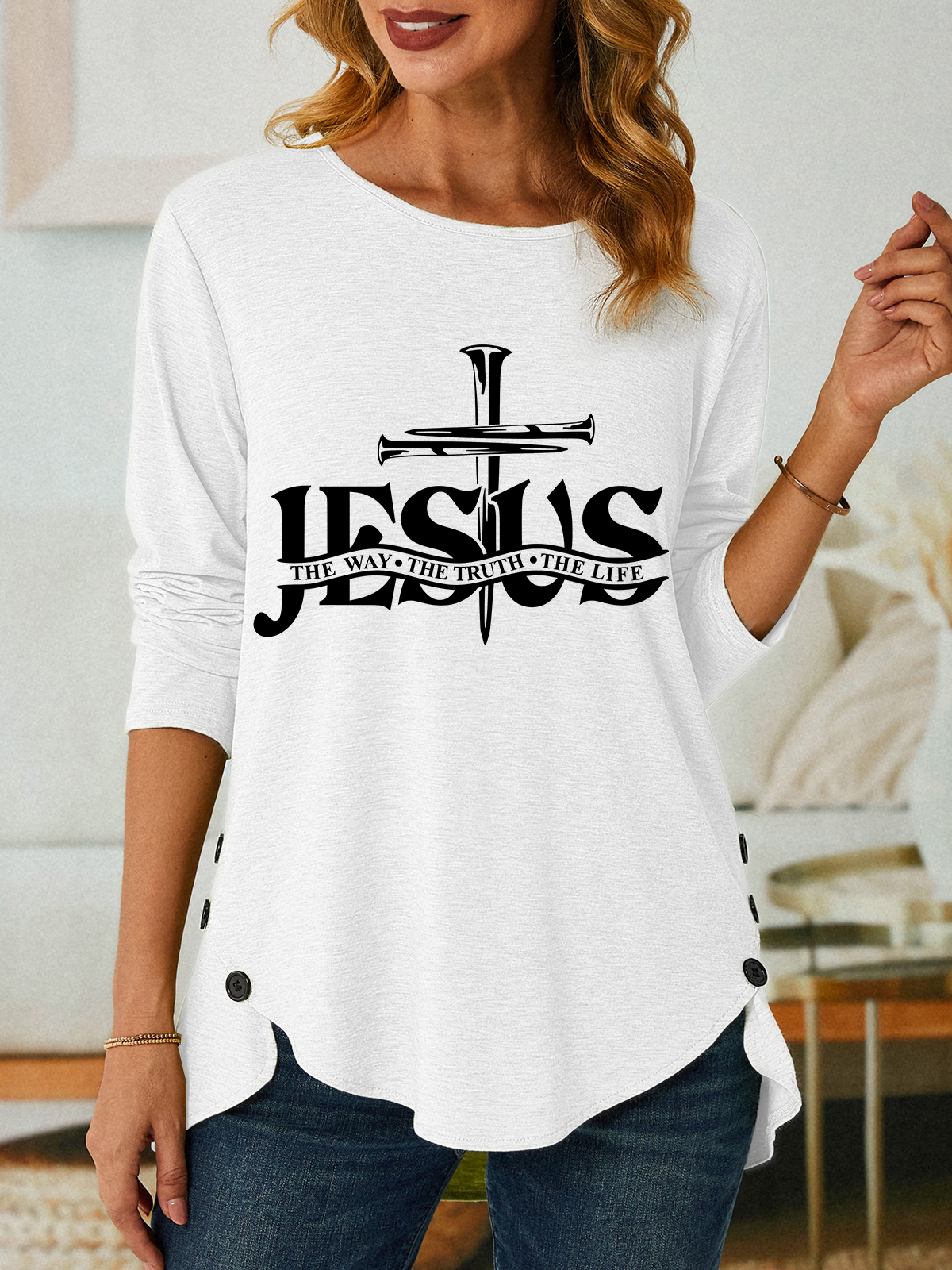 Jesus, The Way, The Truth, The Life Three-Button Crew Neck T-Shirt