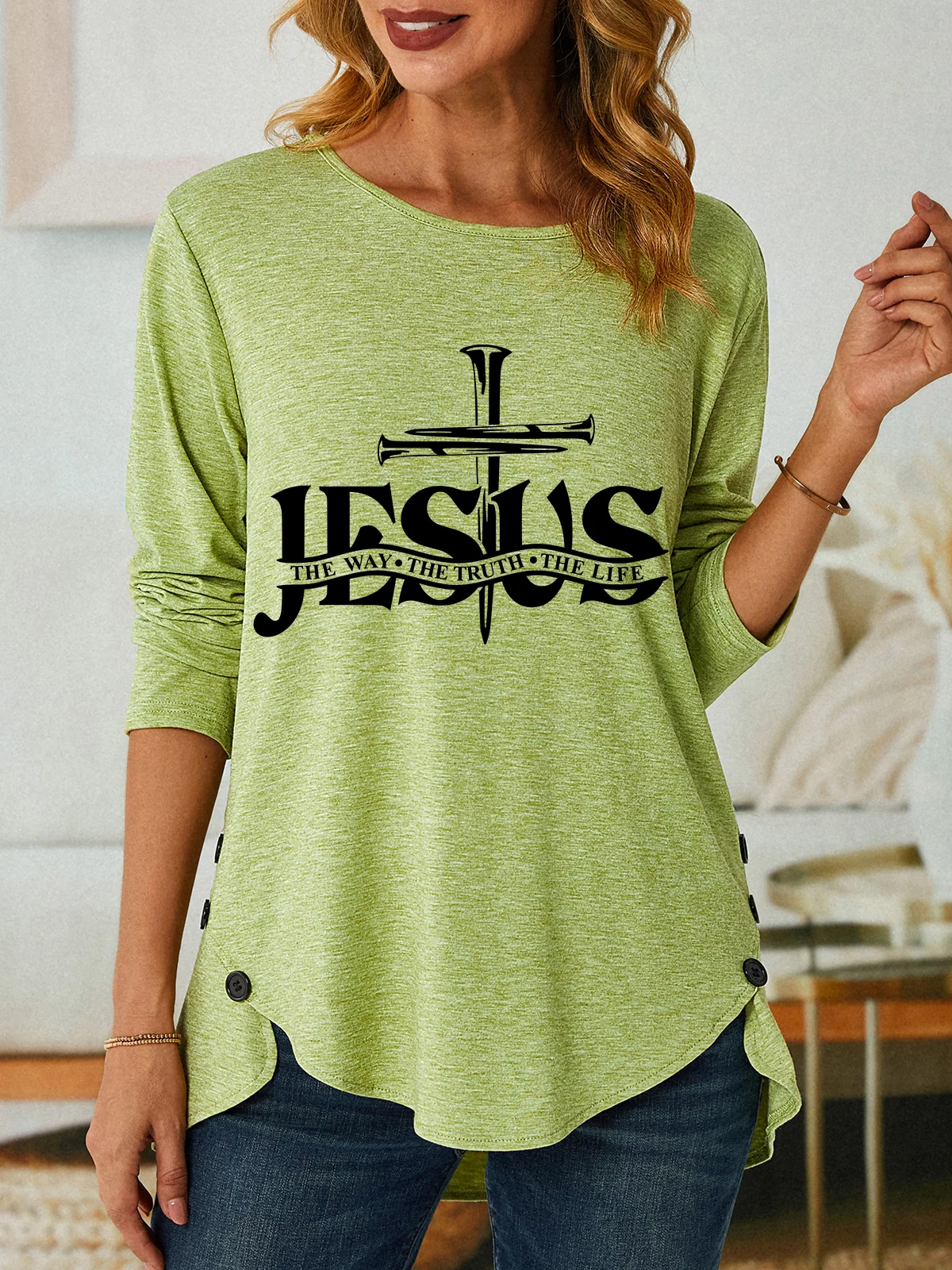 Jesus, The Way, The Truth, The Life Three-Button Crew Neck T-Shirt