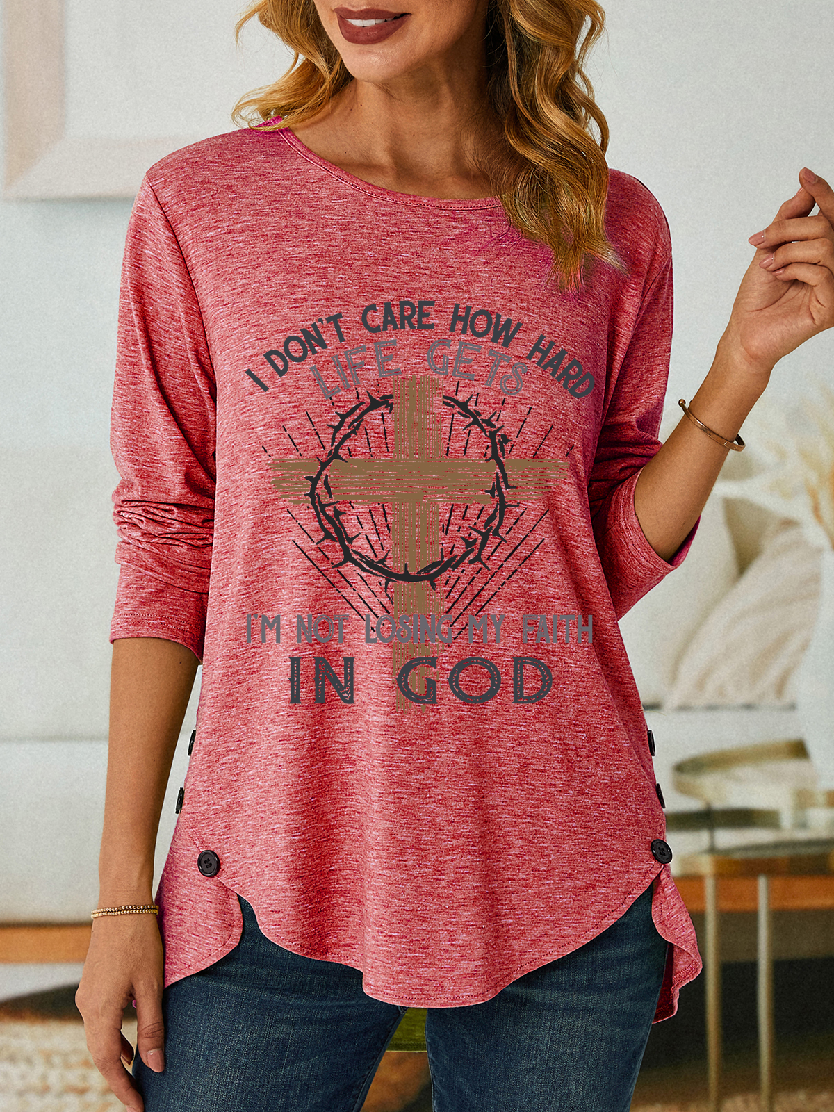 Im Not Losing My Faith In God Jesus God Christian Three-Button Crew Neck T-Shirt