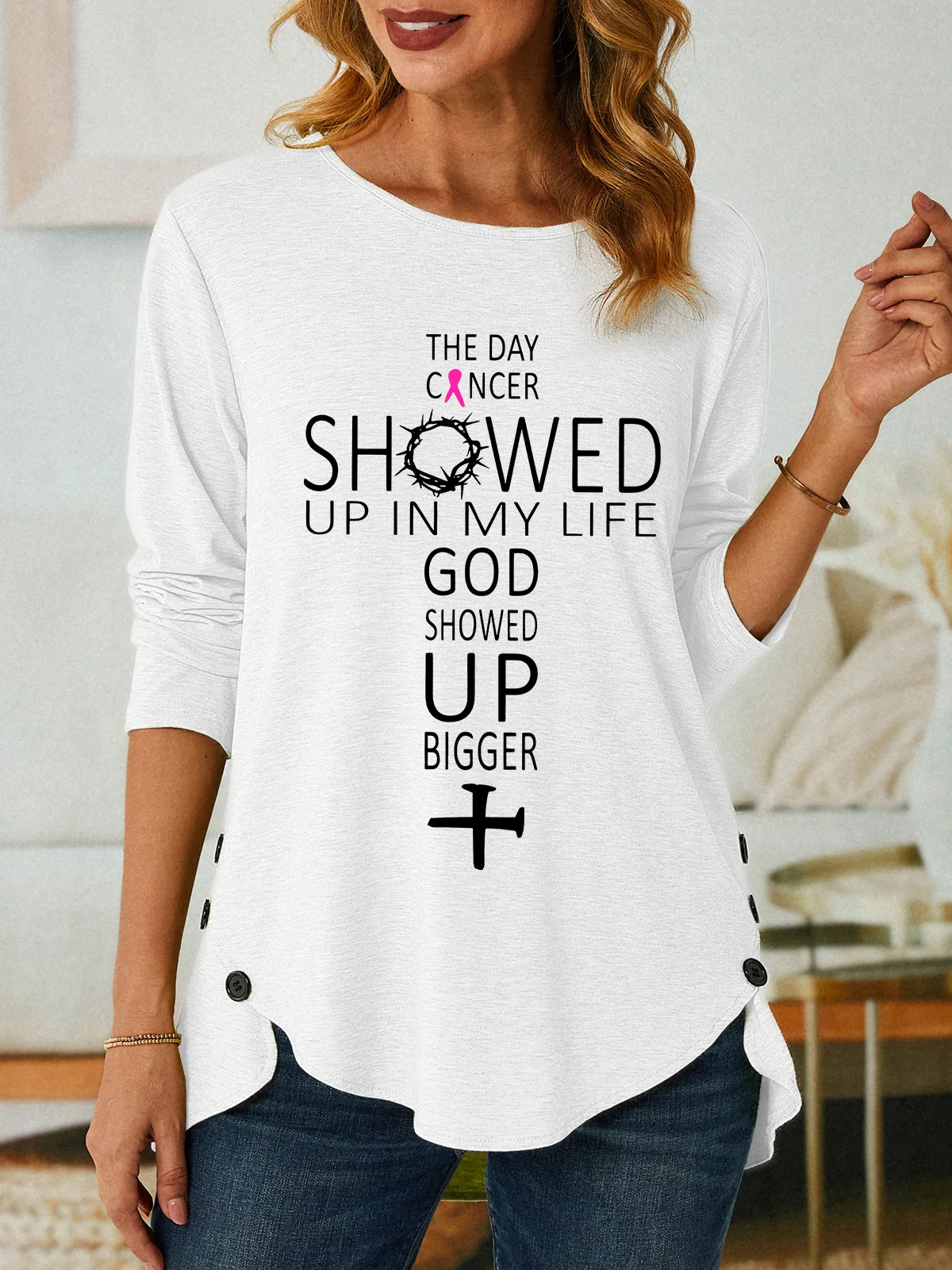 The Day Cancer Showed Up In My Life - Breast Cancer Awareness Three-Button Crew Neck T-Shirt