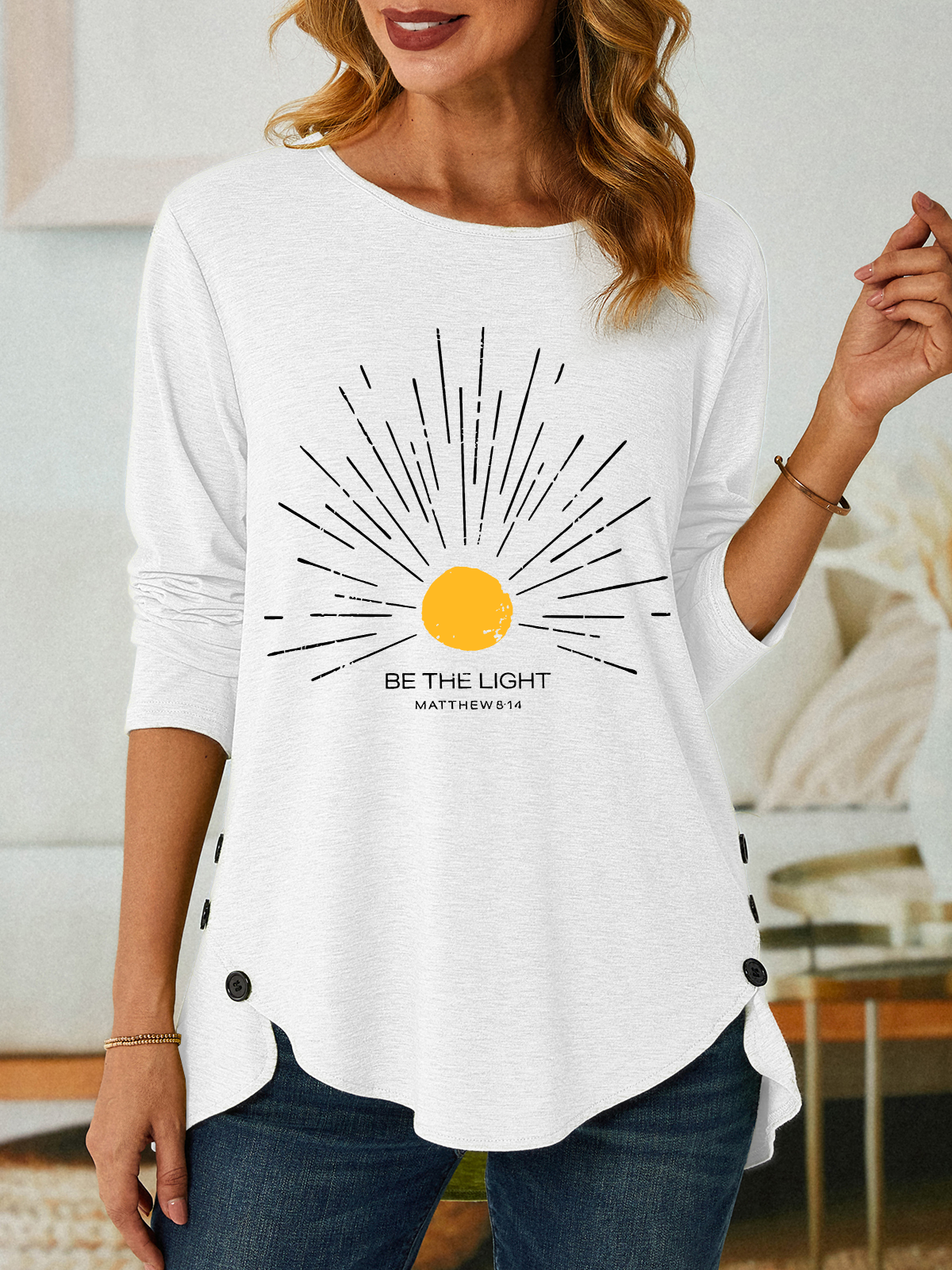 Be The Light Mathew 5 14 Sunburst Jesus God Christian Three-Button Crew Neck T-Shirt